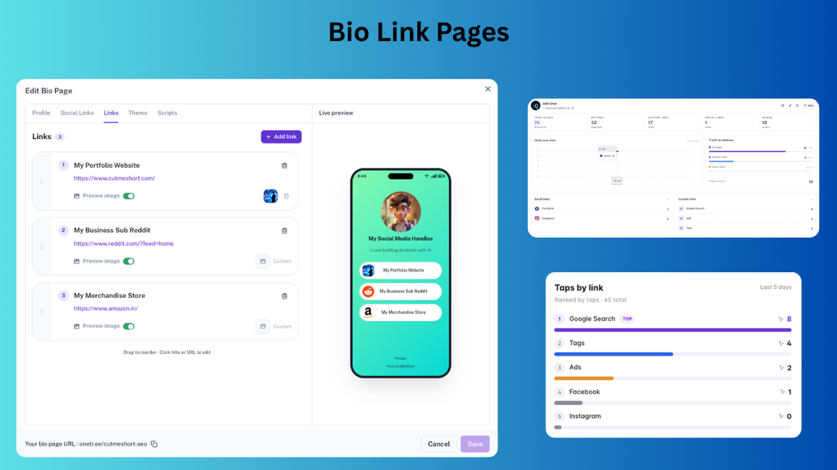 CutMe Short branded bio link page builder