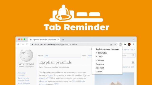 Chrome Tab Reminder extension setting a reminder on an open browser tab