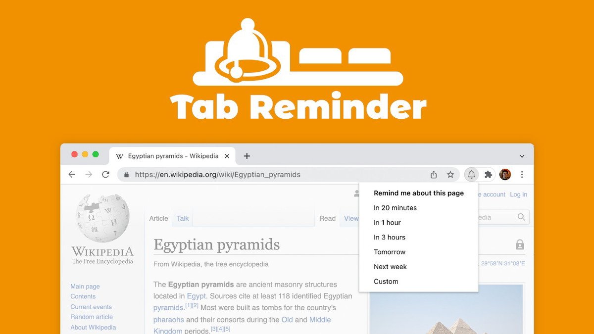 Chrome Tab Reminder extension setting a reminder on an open browser tab