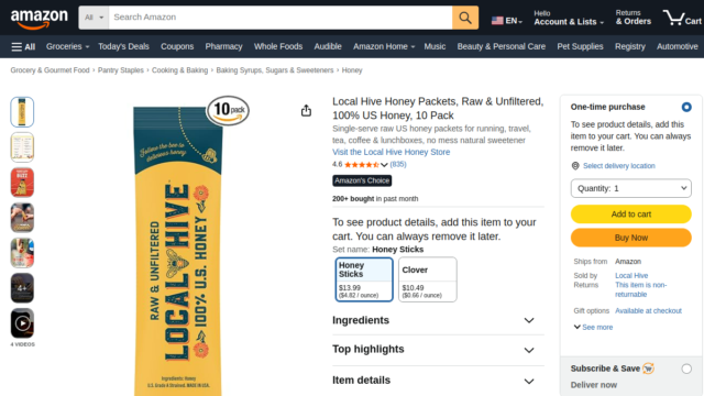 Local Hive 100% U.S. Raw & Unfiltered Honey Packets