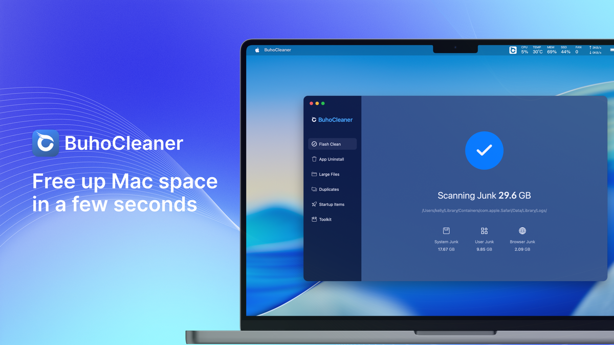 BuhoCleaner Quick Cleanup feature showing one-tap junk removal