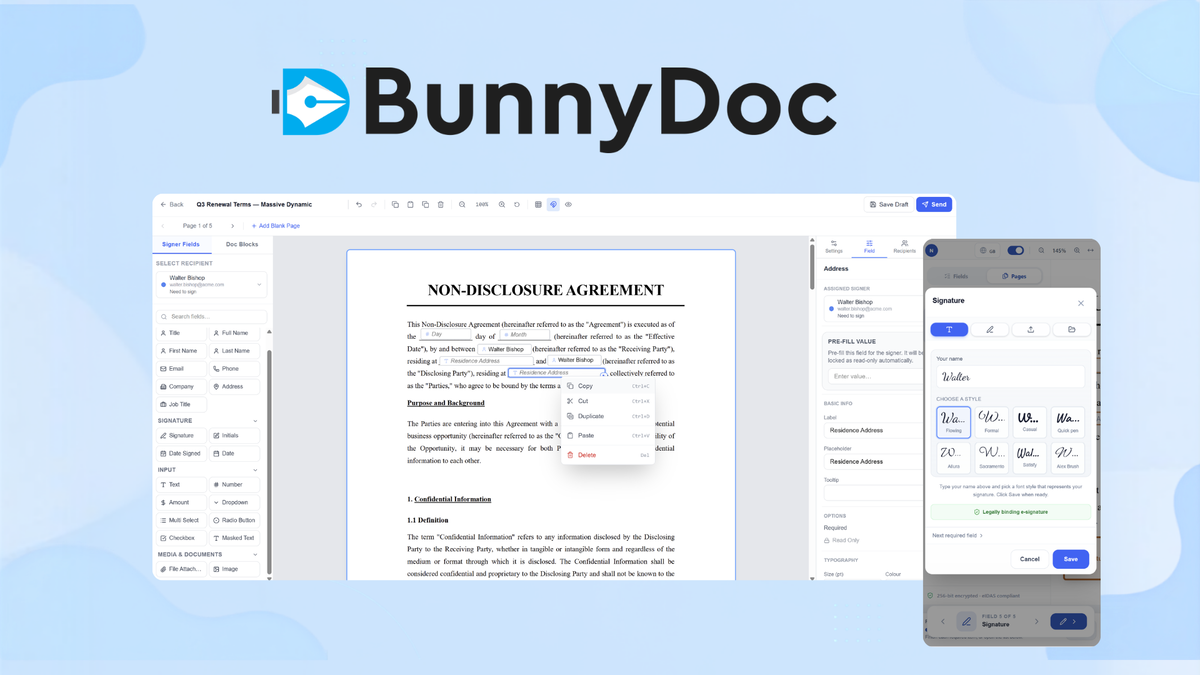 BunnyDoc document dashboard showing envelope status