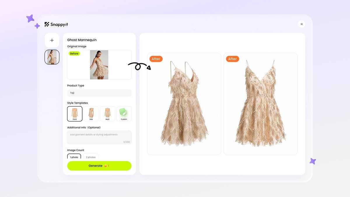 Snappyit converting a flat garment photo into a ghost mannequin shot