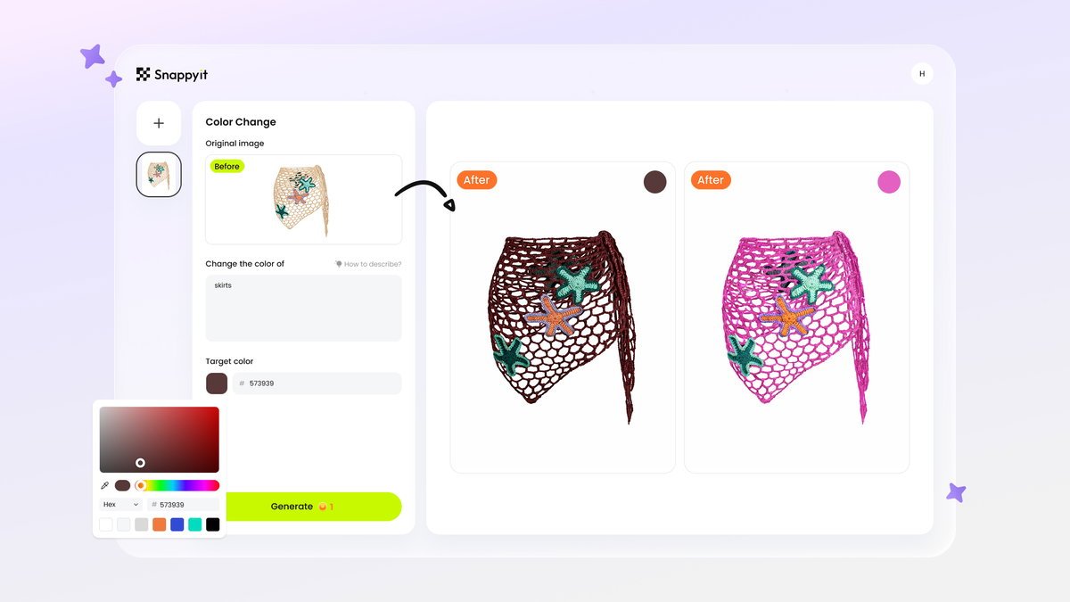 Snappyit recoloring a garment into multiple color variants
