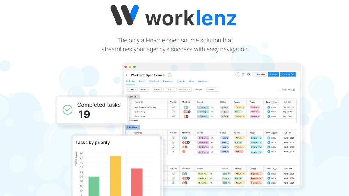 Worklenz project dashboard with Kanban board and task list views