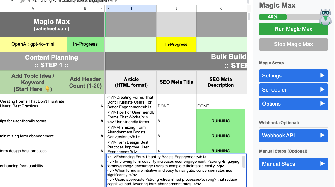 AahSheet Google Sheet content generation workflow