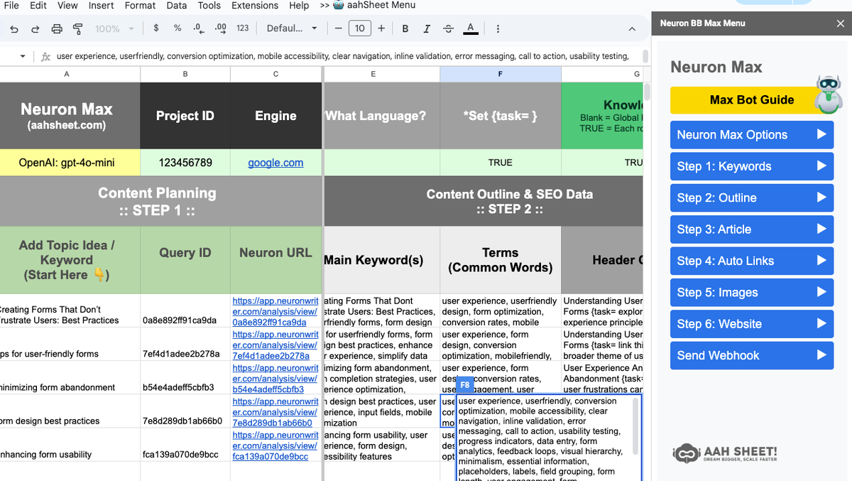 AahSheet SEO and GEO content automation settings