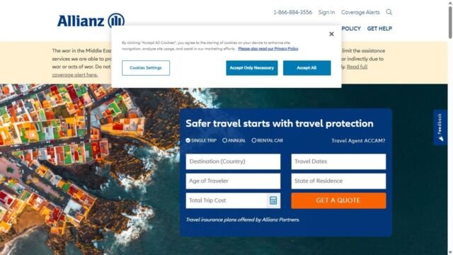 Allianz Travel Insurance website homepage