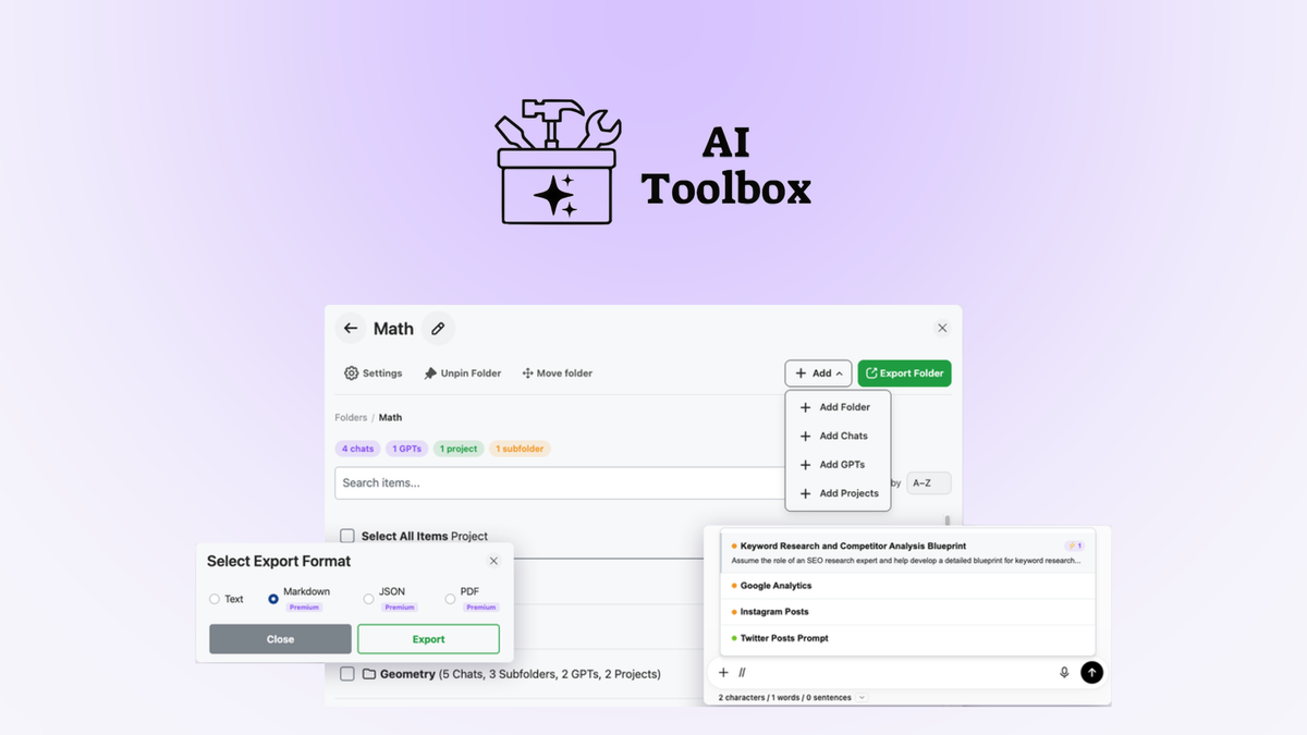 AI Toolbox folder and search interface over a ChatGPT conversation