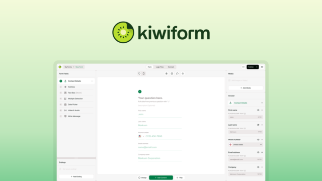 Kiwiform builder interface showing a form with branching logic