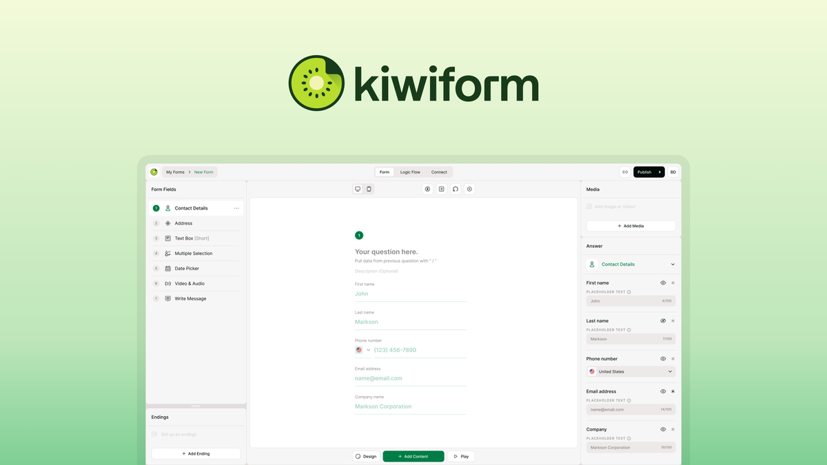 Kiwiform builder interface showing a form with branching logic