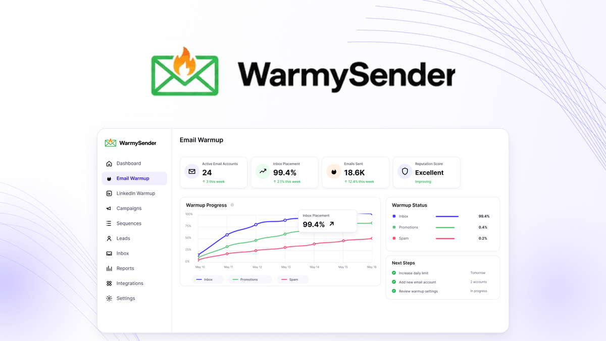 WarmySender dashboard showing mailbox warmup status