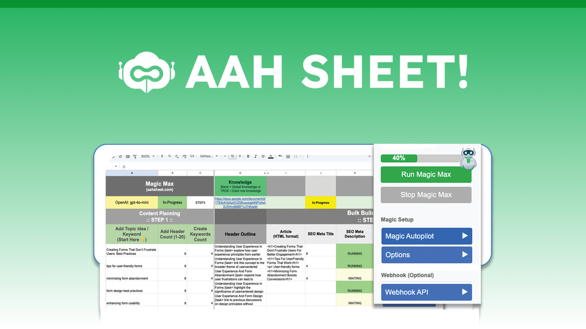 AahSheet Google Sheets AI content automation dashboard