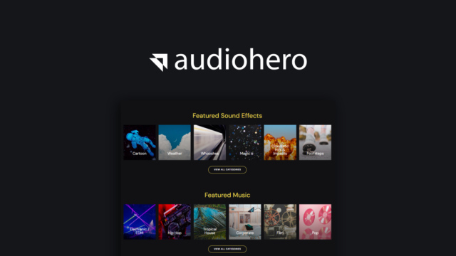 AudioHero library interface showing royalty-free music tracks and filters