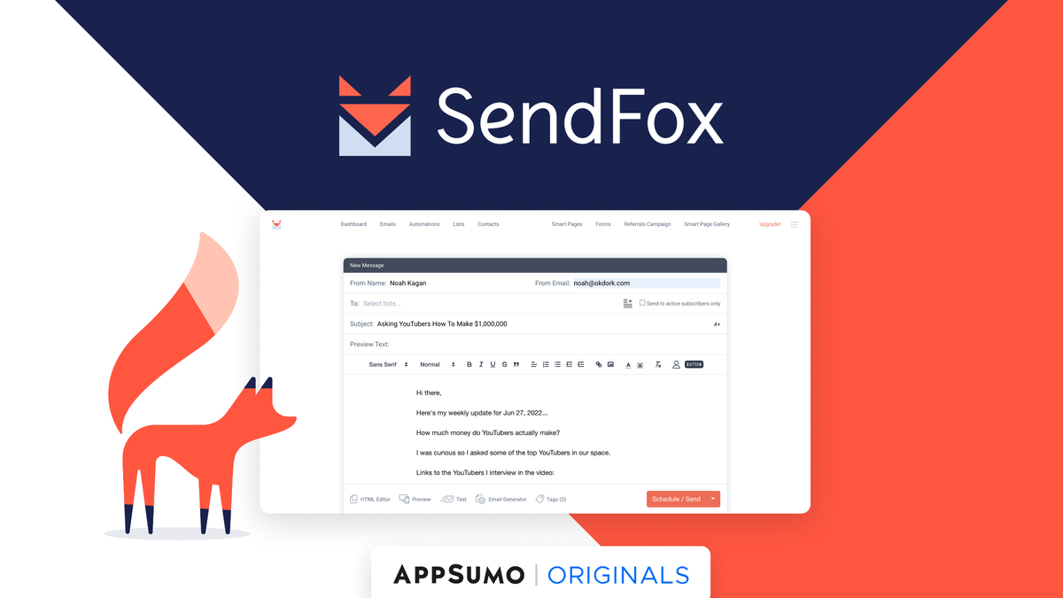 SendFox email campaign editor and automation dashboard