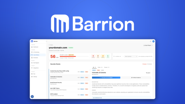 Barrion security scan dashboard showing vulnerability findings