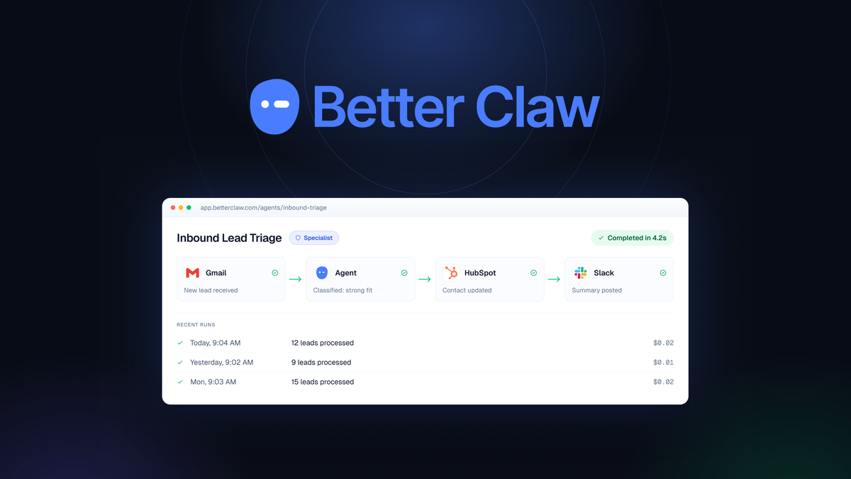 BetterClaw no-code AI agent builder overview screen