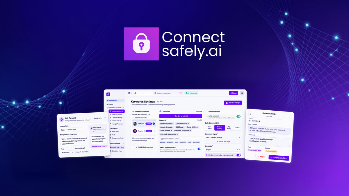 ConnectSafely dashboard showing AI-generated LinkedIn comments pending approval