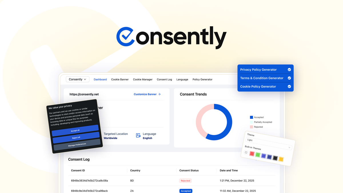 Consently cookie consent banner builder dashboard