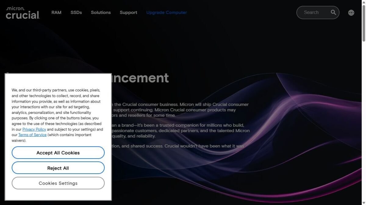 Crucial website homepage