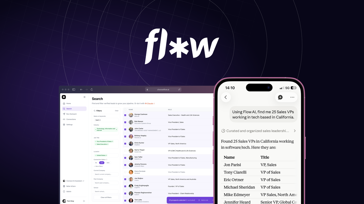 Flow AI dashboard showing LinkedIn lead search results