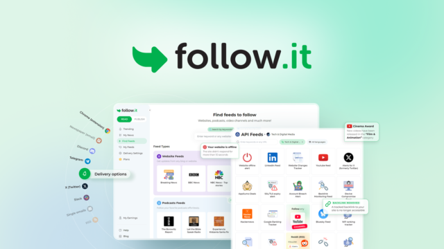 follow.it dashboard aggregating website, blog, and API feeds in one hub