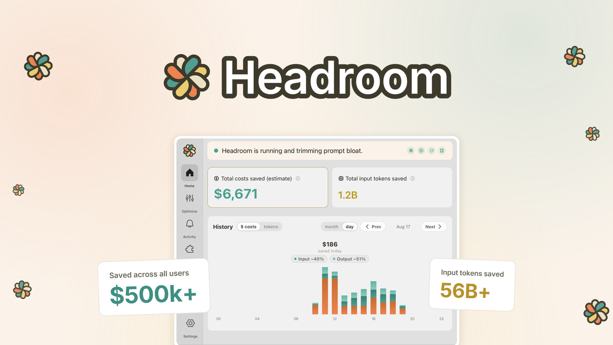 Headroom menu bar app dashboard showing token savings