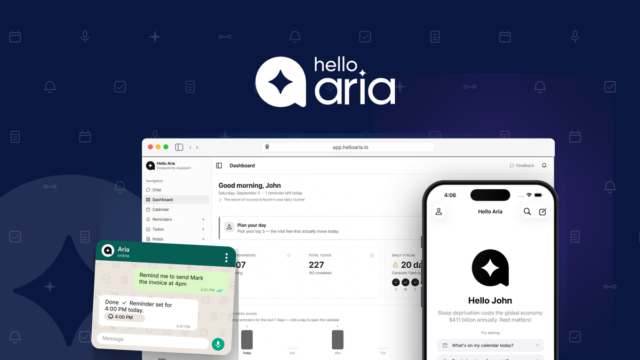 Hello Aria chat interface showing tasks and reminders captured from a conversation