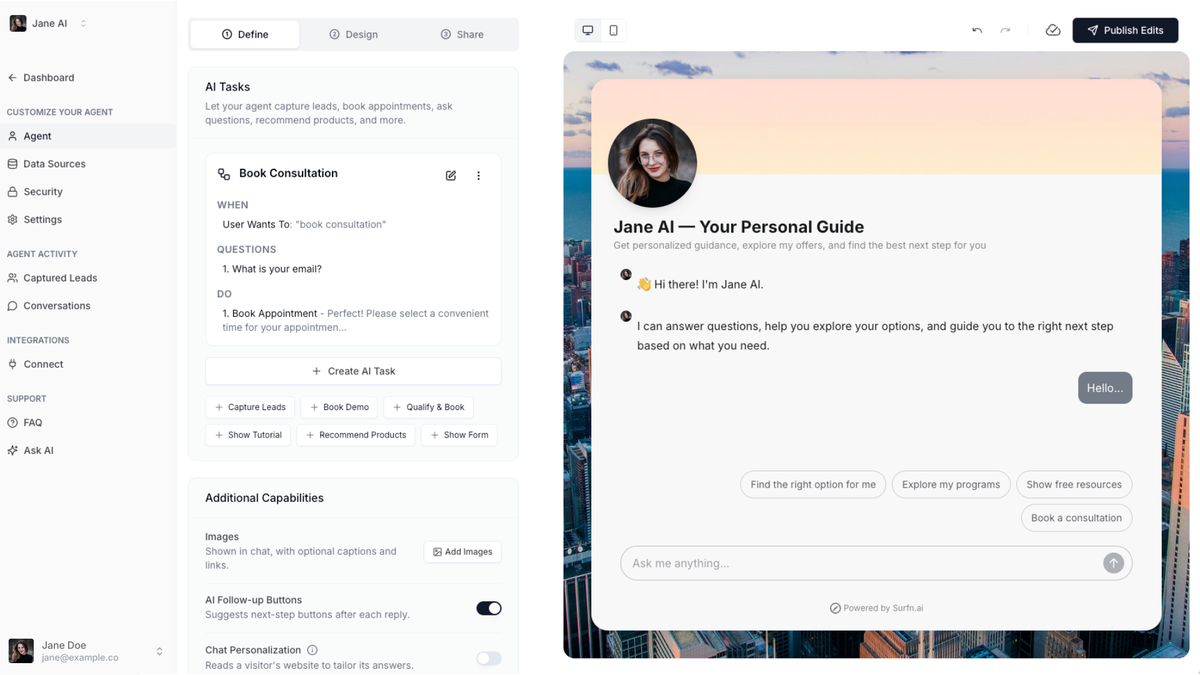Surfn AI branded agent conversation on a website