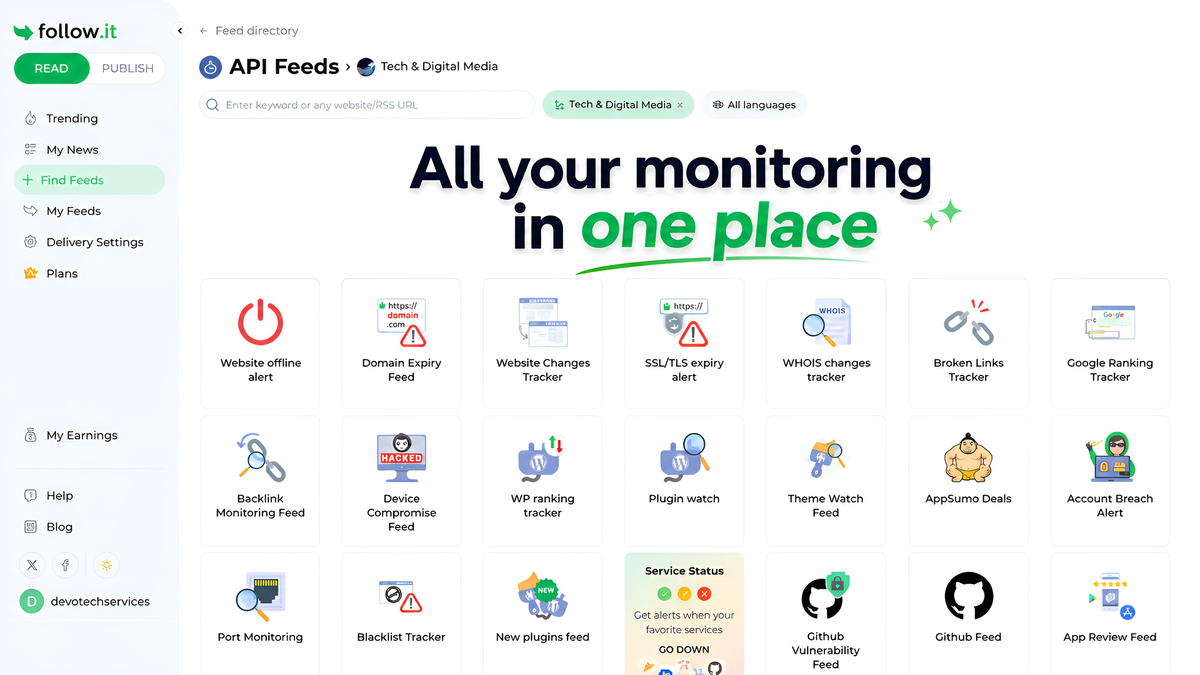 follow.it feed filtering screen with keyword and AI prompt options