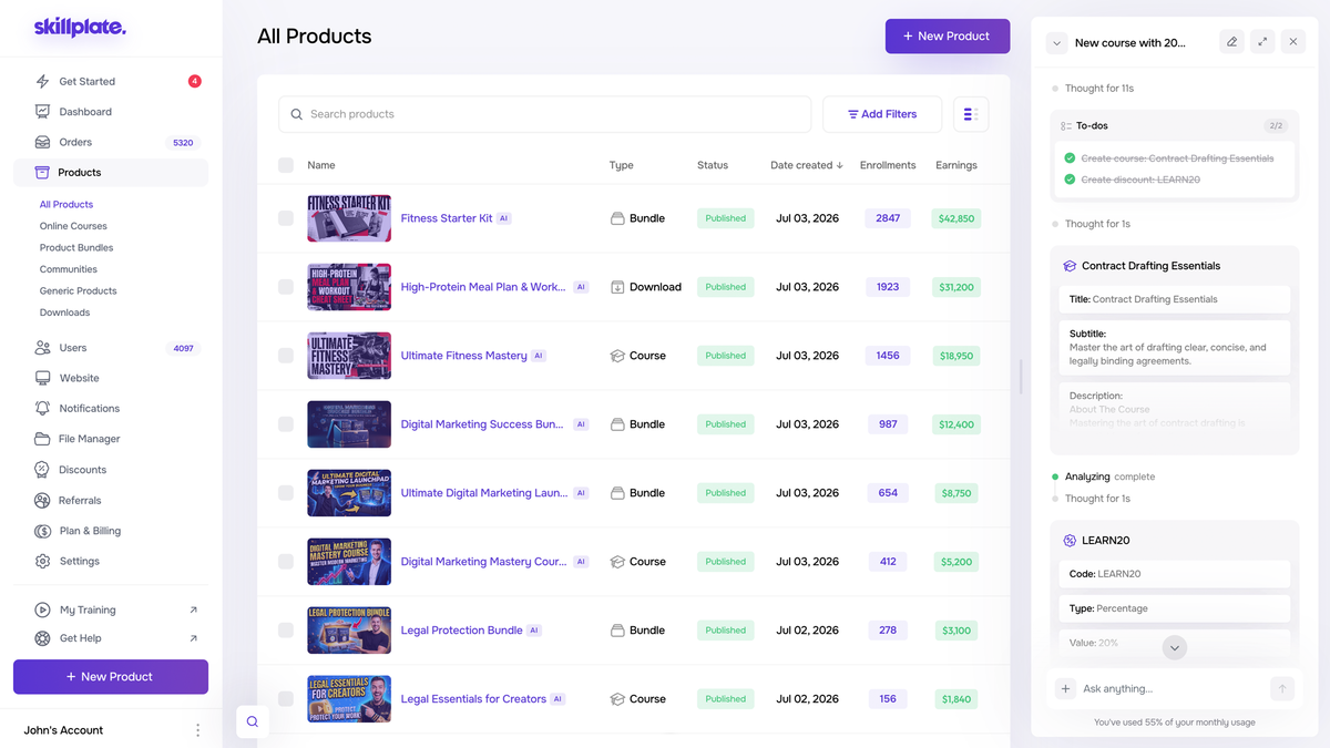Skillplate branded storefront and checkout screen