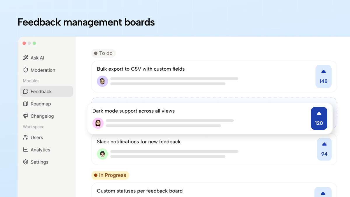 ProductBridge public roadmap view with custom status workflows