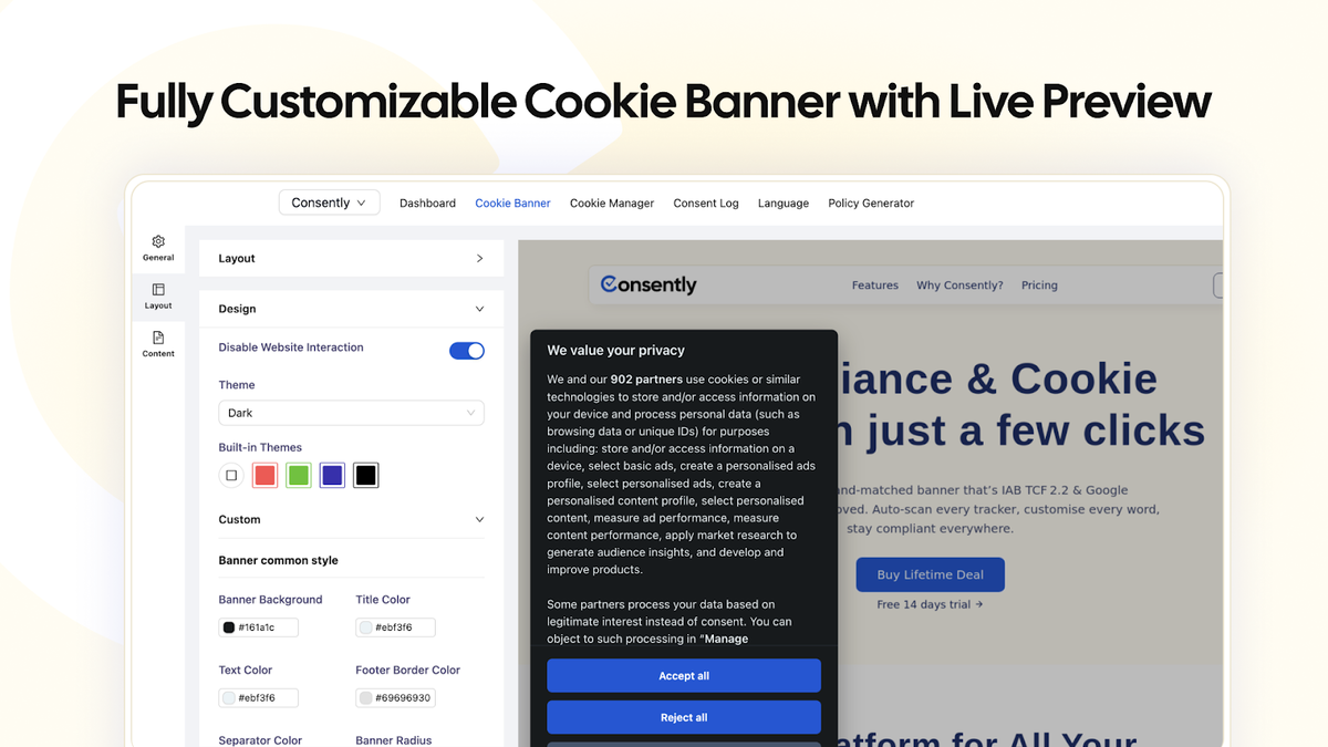 Consently cookie banner customization screen