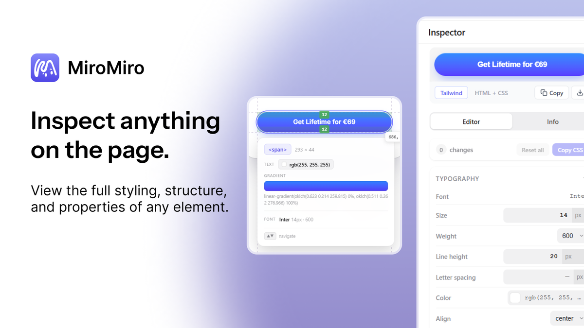 MiroMiro design token and CSS extraction panel screenshot