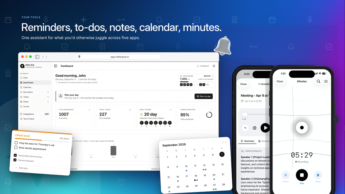 Hello Aria voice note being converted into structured tasks