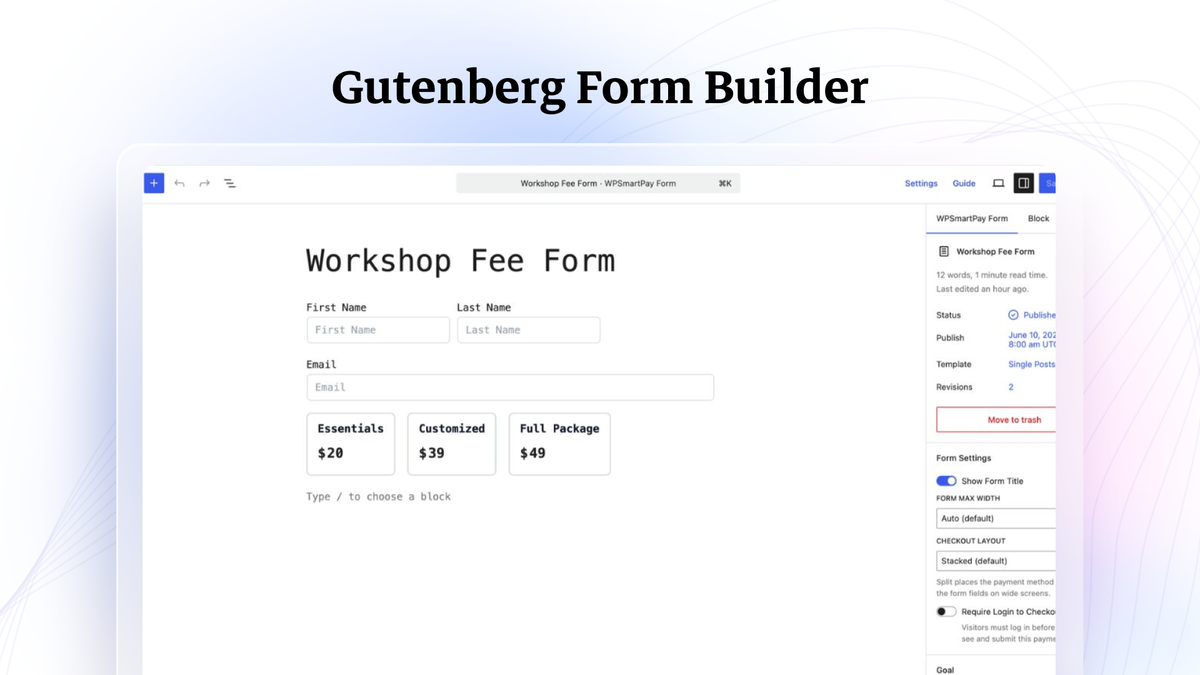 WPSmartPay Gutenberg payment form builder screen