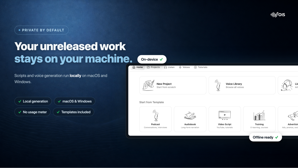 Vois Studio voice library showing 100+ voices across categories