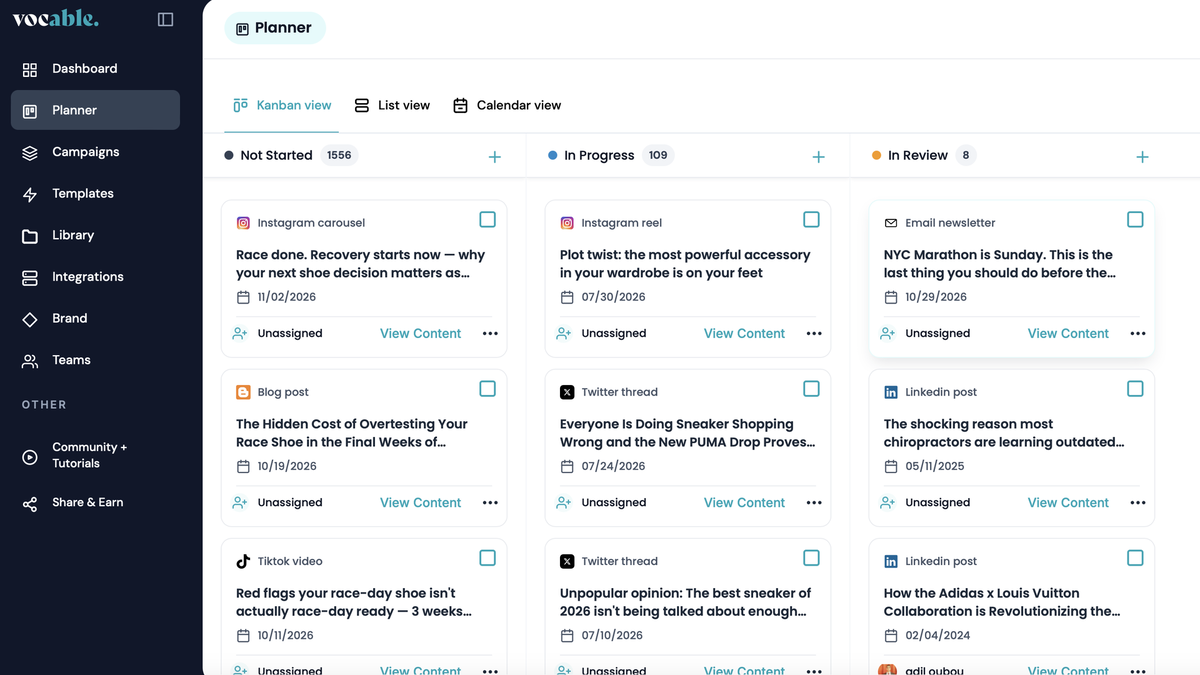 Vocable AI campaign calendar shown in kanban, list, and calendar views