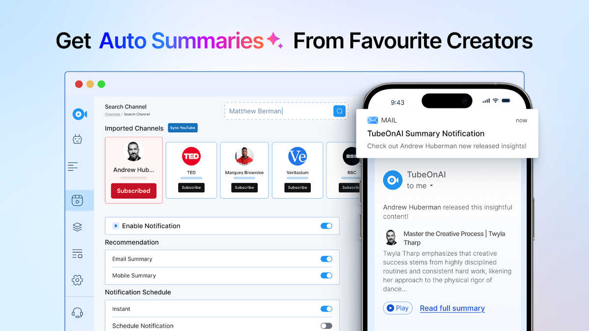 TubeOnAI feature screen showing repurposing templates