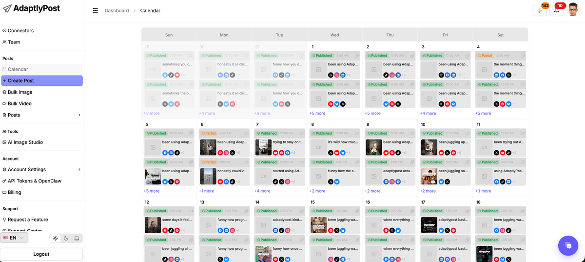 AdaptlyPost scheduling calendar across multiple social accounts