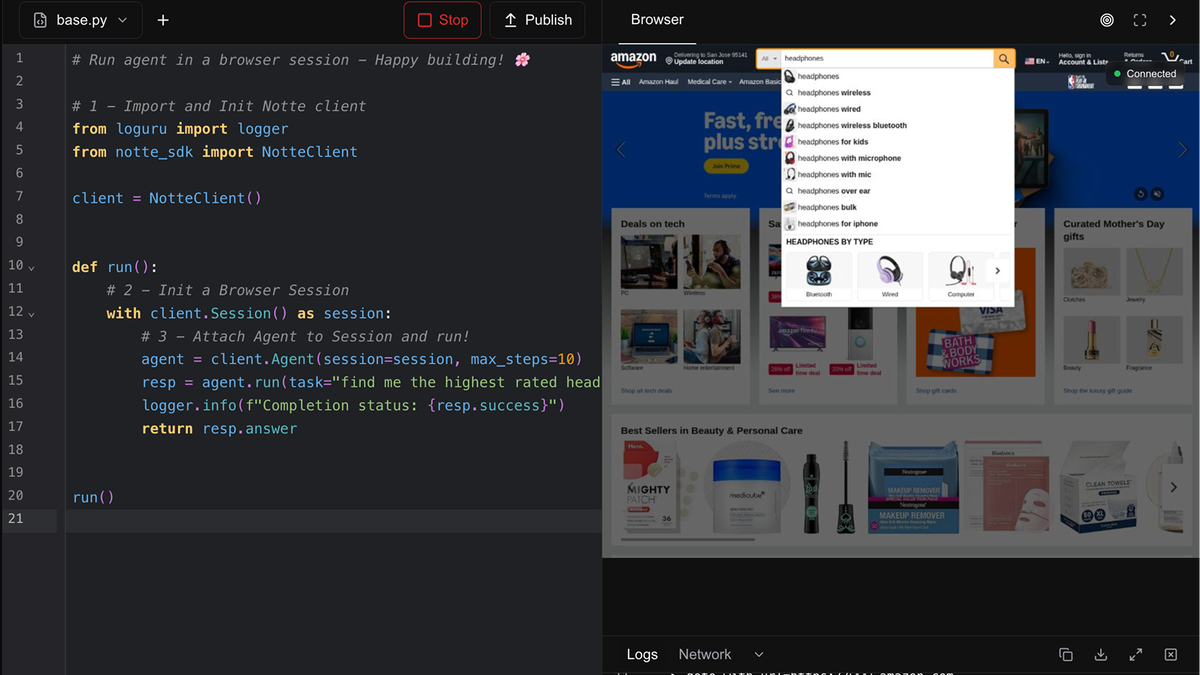Notte live browser session viewer and logs