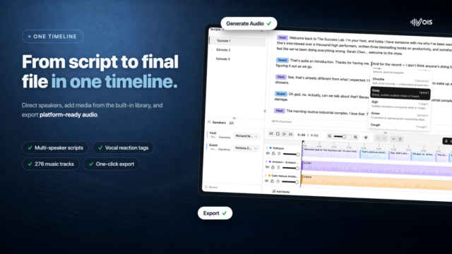 Vois Studio multi-track voiceover timeline with speaker tags
