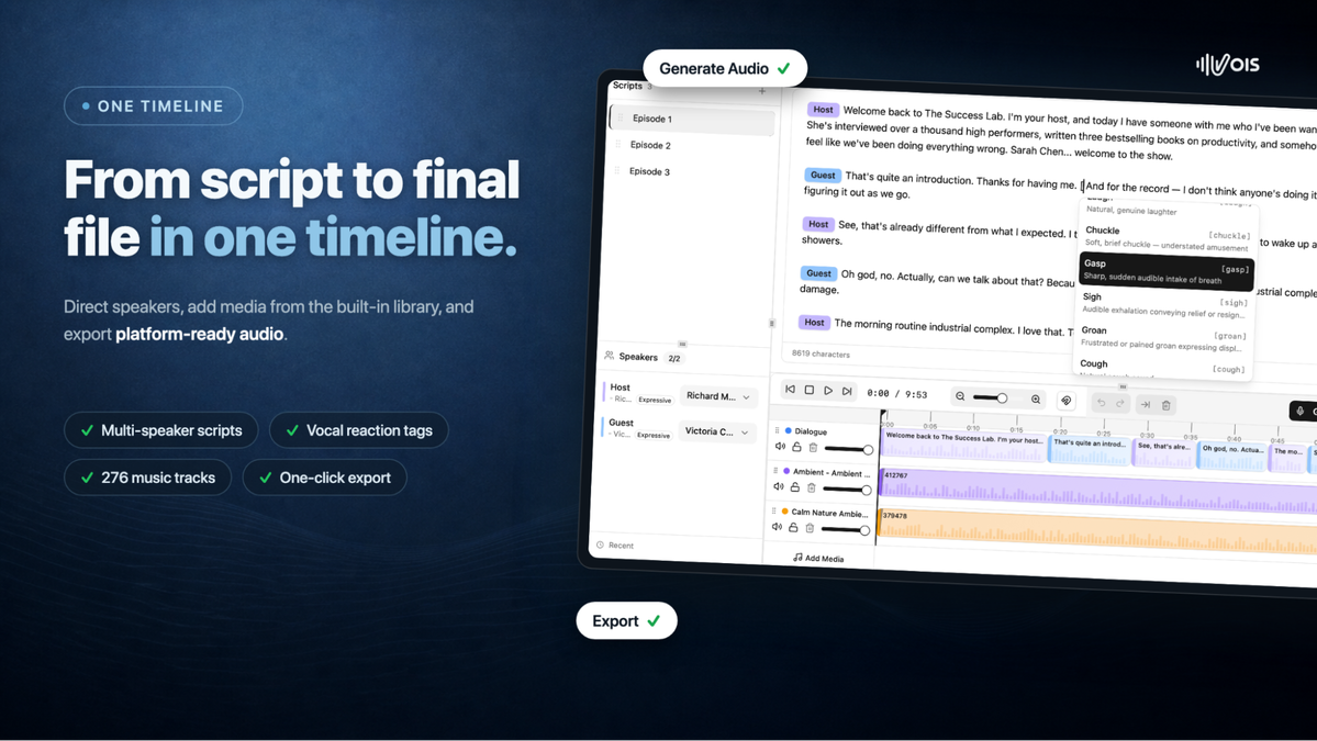 Vois Studio multi-track voiceover timeline with speaker tags