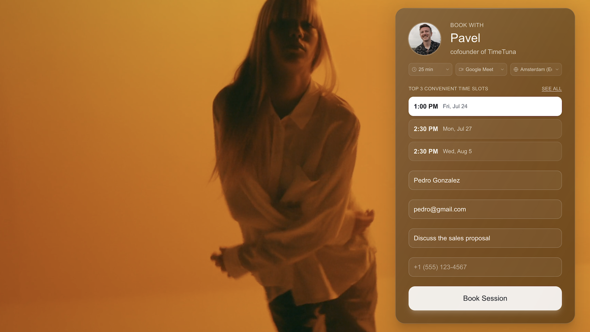 TimeTuna booking page customization screen with logo and video background options