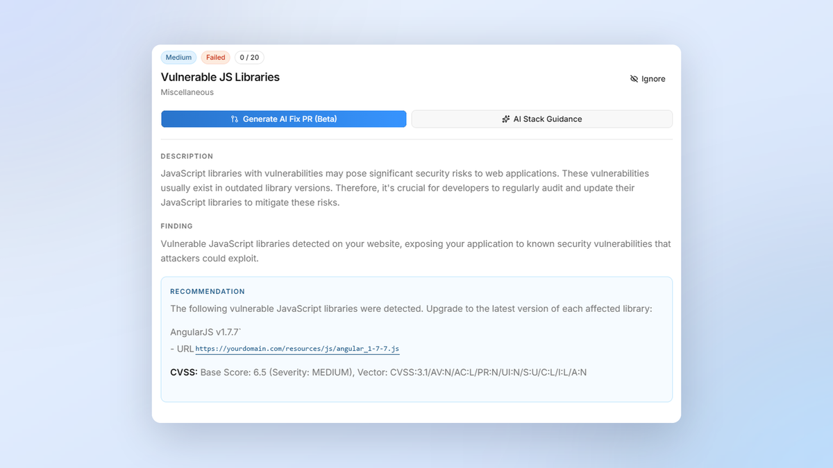 Barrion AI-generated fix pull request view for a connected GitHub repo
