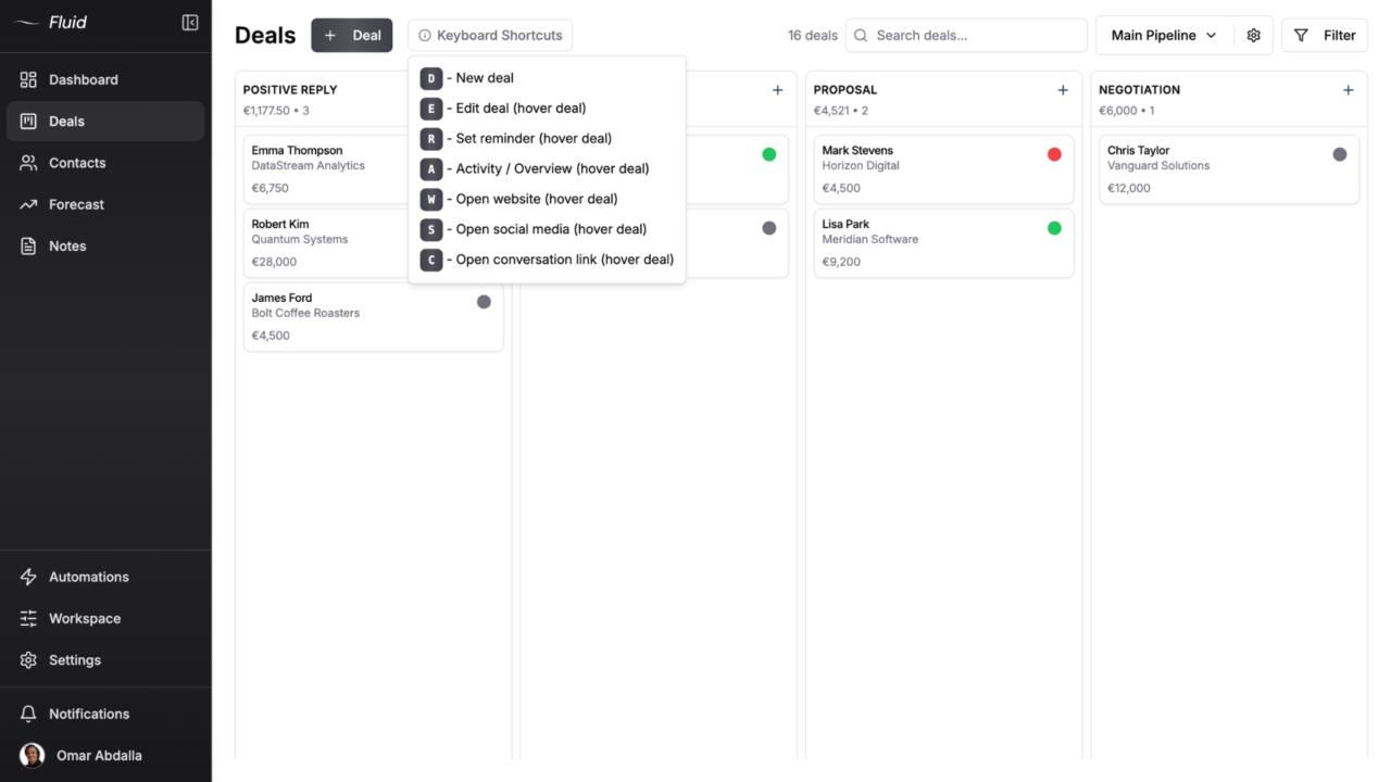 Fluid CRM deal detail view with contact activity log