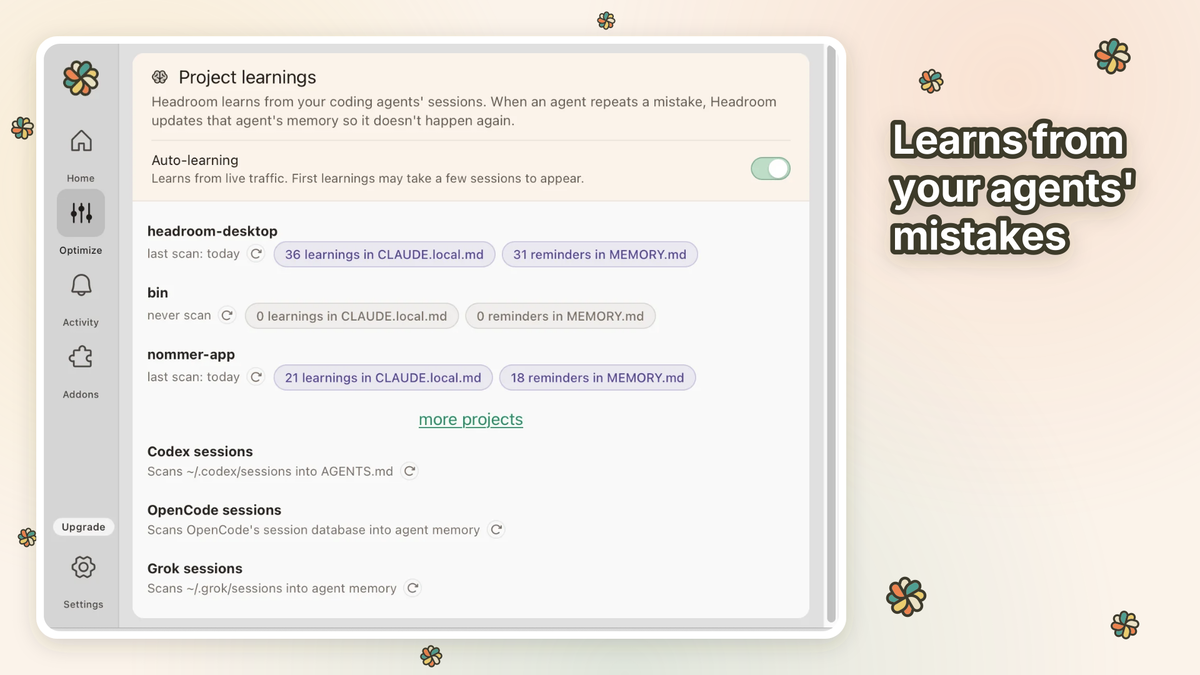 Headroom activity feed showing compressions and savings events