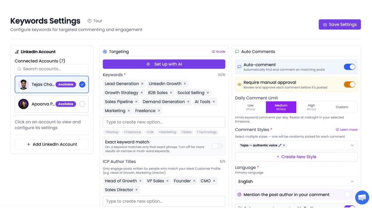 ConnectSafely keyword and creator targeting setup screen