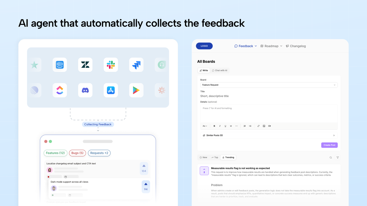 ProductBridge feedback board with AI-categorized customer requests