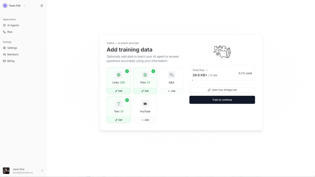 Surfn AI agent training and setup screen